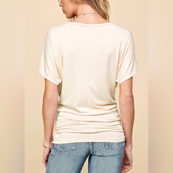 Casual Solid Short Sleeve Boat Neck Dolman Top with Side Shirring -cream - Picture 4 of 5